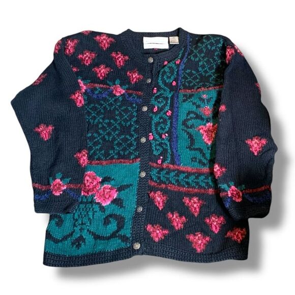 Vintage 90s Knit Floral Cardigan Sweater Round Neck Black Dark Floral Pink - Picture 4 of 12